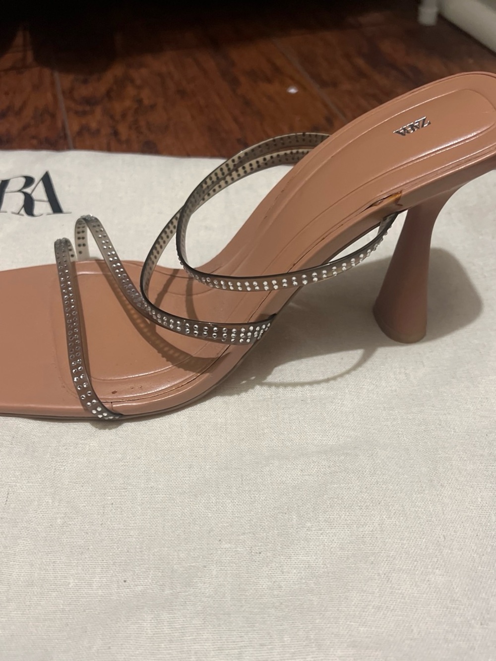 Zara Tan Clear Rhinestone-Strap Sculpted Heel Sandal